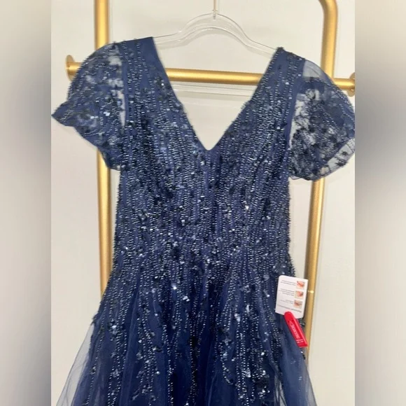 NEW MAC DUGGAL Embellished Flutter Sleeve Tea-Length Dress Midnight Navy 20304 - Picture 9 of 9